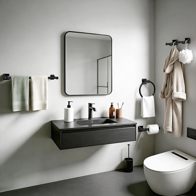 5-Piece Matte Black Bathroom Hardware Set, SUS304 Stainless Steel Wall Mounted Towel Rack Set, 24 Inch Towel Bar, Towel Ring, Toilet Paper Holder, 2 Towel Hooks, Multipurpose Bathroom Accessories