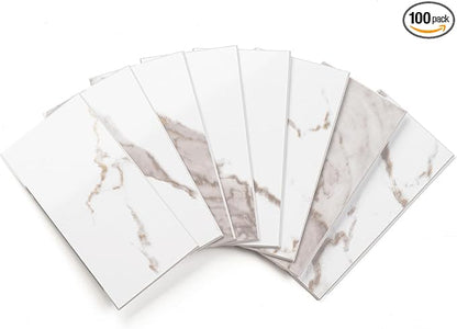 StyloVue 100 Pieces Peel and Stick Backsplash for Kitchen, 3" x 6" PVC Subway Tile 2026 Upgraded White Marble with Gold Accent Backsplash Stick on Tile Elevate Kitchen Fireplace RV