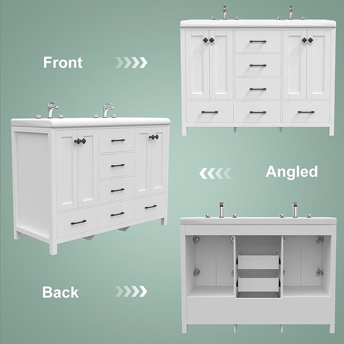 48 Inch Bathroom Vanity with Sink, White Bathroom Vanity Cabinet with Doulble Sink, Bath Vanities with 4 Doors and 5 Drawers, 20" D x 48" W x 36" H