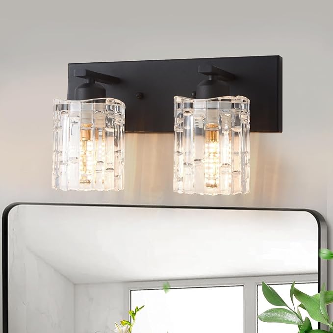 Matte Black Crystal Bathroom Vanity Light,2 Lights Modern Bathroom Wall Light,Over Mirror Light Fixtures for Living Room, Bedroom, Hallway