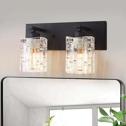 Matte Black Crystal Bathroom Vanity Light,2 Lights Modern Bathroom Wall Light,Over Mirror Light Fixtures for Living Room, Bedroom, Hallway