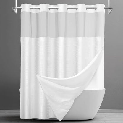 SORTTO No Hook Shower Curtain with Snap in Liner Set Waffle Shower Curtain for Bathroom Hotel Style Fabric Waterproof Inner Liner，71" W x 86" H, White