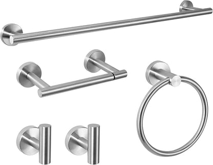 5 Piece Modern Style Wall Mounted Bathroom Hardware Set | #304 Stainless Steel, 24" Towel Bar Mount, Towel Rings, 2 Pillar Toilet Paper Holder, Bathrobe Hook (Brushed Nickel)
