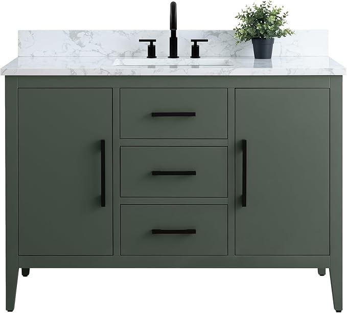 HomeBeyond 48 Inch Bathroom Vanity with Sink & Ceramic Top, Single Vanity Cabinet with Basin, Soft-Closing Doors & Matte Black Hardware, Vintage Green
