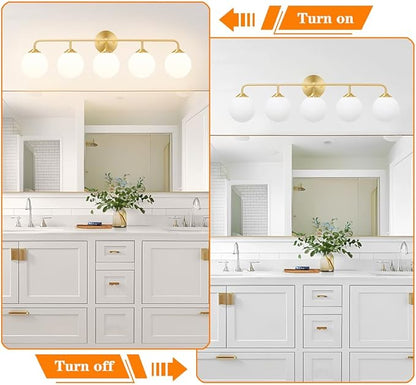 Modern Brushed Brass 5-Lights Bathroom Vanity Light, Lighting Fixtures Over Mirror with Milky White Glass Ball Shades, Wall Sconces for Bathroom Dressing Table Bedroom
