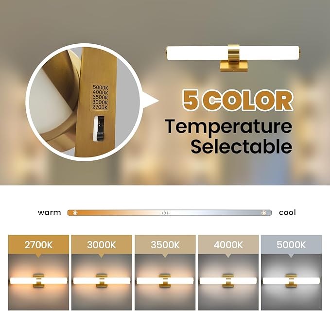 Bathroom Vanity Light Fixtures Over Mirror - 22.8 Inch Gold Bathroom Light Fixtures with Acrylic Shade 18W Dimmable 5CCT LED Vanity Light Modern Bathroom Sconces
