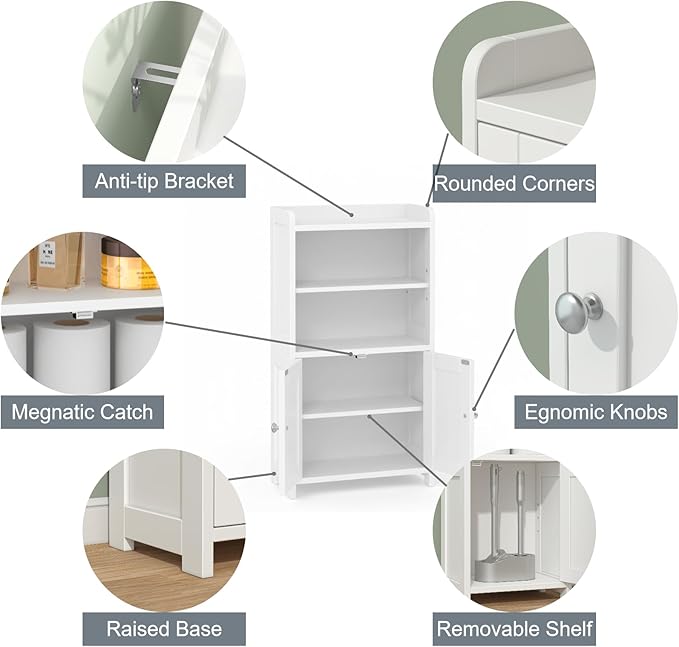 Small Bathroom Storage Cabinet, 30" Tall Freestanding Corner Floor Cabinet with Opposite Doors & 5 Shelves (2 Adjustable), Narrow Toilet Paper Holder Organizer for Small Spaces, White