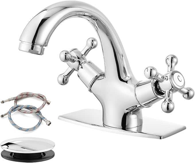 gotonovo Bathroom Sink Faucet Single Hole Double Cross Handle Knobs Lavatory Vessel Sink Mixer Tap Bathroom Faucet with Pop up Drain and Deck Cover Plate Polish Chrome