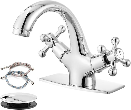 gotonovo Bathroom Sink Faucet Single Hole Double Cross Handle Knobs Lavatory Vessel Sink Mixer Tap Bathroom Faucet with Pop up Drain and Deck Cover Plate Polish Chrome