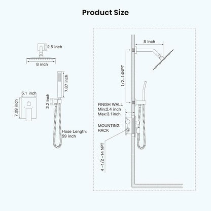 gotonovo Rainfall Bathroom Shower System Rain Shower Head and Handle Set Wall Mounted Shower Complete Combo Solid Brass Pressure Balancing Shower Mixer Valve 8 Inch Brushed Nickel