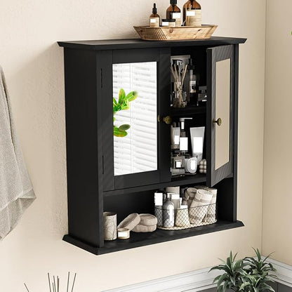 Bathroom Wall Cabinet, Black Bathroom Cabinet with 2 Mirror Doors and Adjustable Shelf, Wall-Mounted, Medicine Cabinet, 21.5" W x 7.8" D x 23.6" H