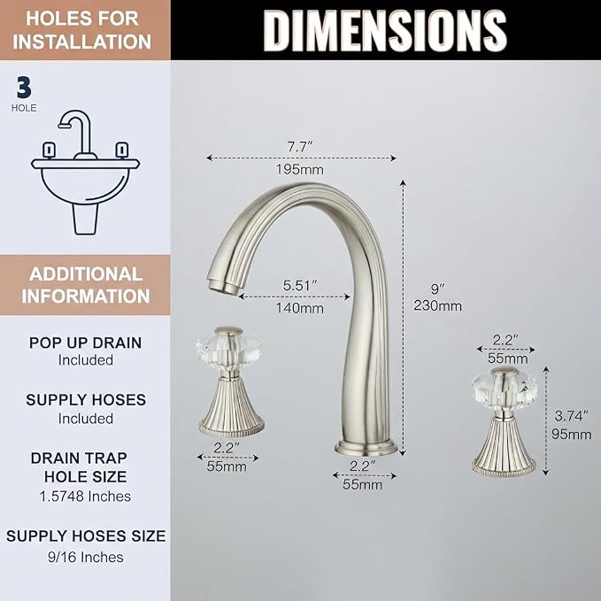 3 Hole Brushed Nickel Crystal Sink Vanity 8 Inch Brass 2 Handles 2 Tone Widespread Modern Unique 3 Piece Bathroom Sink Faucets, Antique Lavabo Faucet, Vintage Lavatory Vessel Luxury Mixer Tap