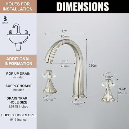 3 Hole Brushed Nickel Crystal Sink Vanity 8 Inch Brass 2 Handles 2 Tone Widespread Modern Unique 3 Piece Bathroom Sink Faucets, Antique Lavabo Faucet, Vintage Lavatory Vessel Luxury Mixer Tap