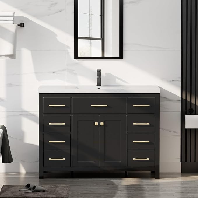 LUCKWIND 48" Modern Bathroom Vanity with Sink Combo, Contemporary Painted Storage Cabinet and Single White Sink, Include Soft-Closing Doors & Matte Black Faucet, Black