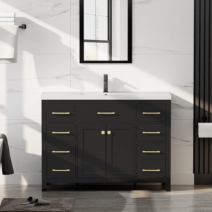 LUCKWIND 48" Modern Bathroom Vanity with Sink Combo, Contemporary Painted Storage Cabinet and Single White Sink, Include Soft-Closing Doors & Matte Black Faucet, Black