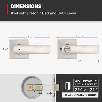 Kwikset Breton Interior Privacy Door Handle with Lock, Door Lever For Bathroom and Bedroom, Satin Nickel Reversible Keyless Turn Lock, with Microban Protection