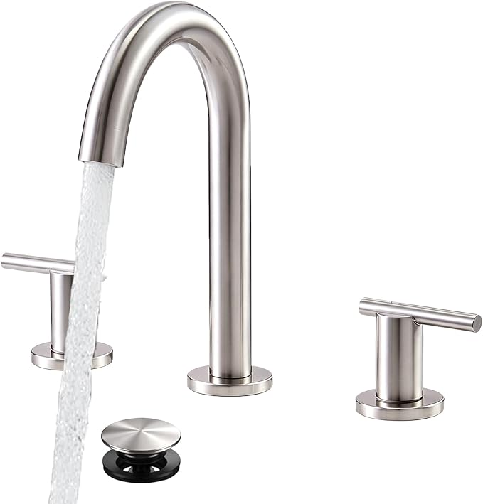 Brushed Nickel Bathroom Faucet 3 Hole, VAPSINT 8 Inch Widespread Bathroom Sink Faucet, 2 Handle Modern Bathroom Faucets for Vanity Lavatory RV Restroom with Pop Up Drain & Supply Hoses, VAP-BF311