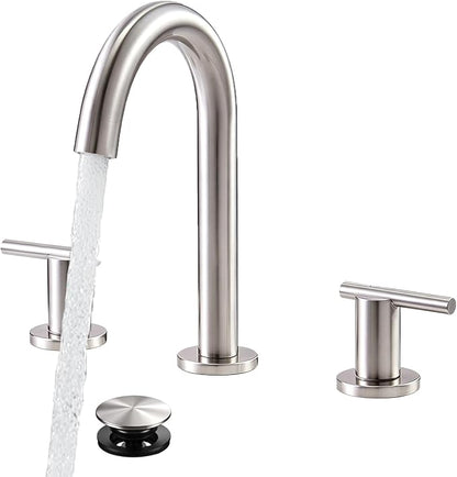 Brushed Nickel Bathroom Faucet 3 Hole, VAPSINT 8 Inch Widespread Bathroom Sink Faucet, 2 Handle Modern Bathroom Faucets for Vanity Lavatory RV Restroom with Pop Up Drain & Supply Hoses, VAP-BF311