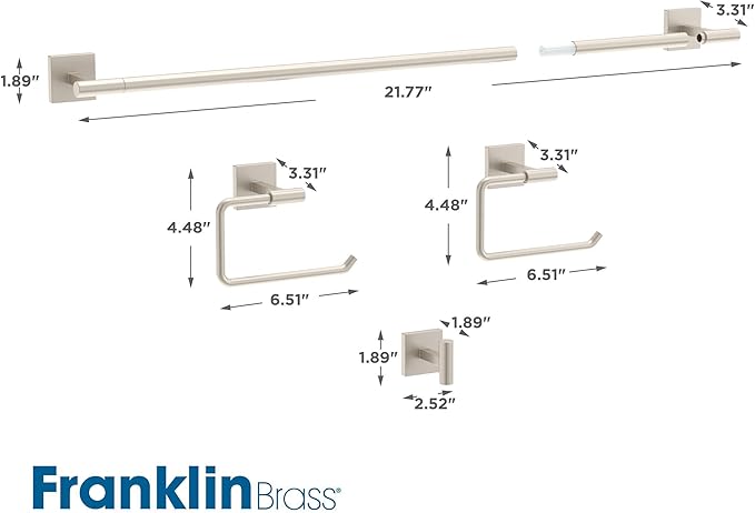 Franklin Brass Nash 4-Piece Bathroom Set Satin Nickel 18" Towel Bar w/ 6" Extender, Toilet Paper Holder, Hand Towel Holder, Hook | Bathroom Accessory Set Towel Holder Hardware NASH64-BN