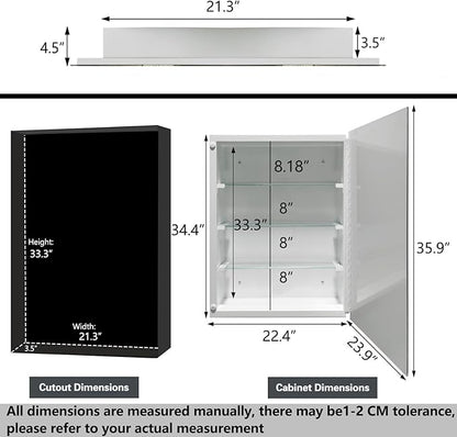 Bathroom Medicine Cabinet with 24x36 Inch Frameless Beveled Edge Mirror, Surface/Recessed Mount Vanity Storage Cabinet for Bathroom