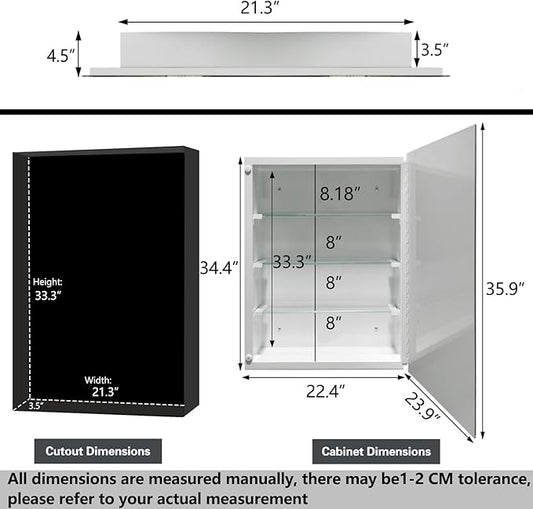 Bathroom Medicine Cabinet with 24x36 Inch Frameless Beveled Edge Mirror, Surface/Recessed Mount Vanity Storage Cabinet for Bathroom