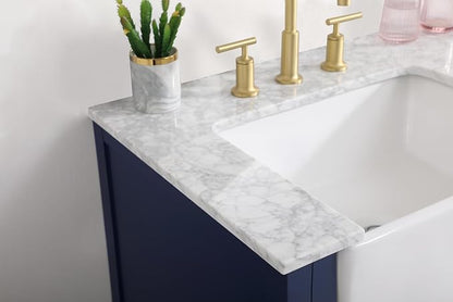 36" Pre-Assembled Bathroom Vanity with Sink, Solid Birch and MDF, Carrara White Marble Countertop Attached, Single Rectangle Porcelain Sink, 3 Soft-Close Drawers, Blue