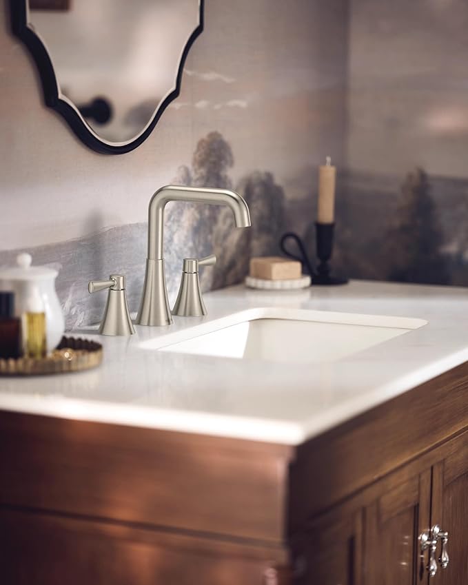 Moen Ronan Spot Resist Brushed Nickel Two-Handle Widespread Modern Double Bend Bathroom Faucet, Valve Included, 84026SRN