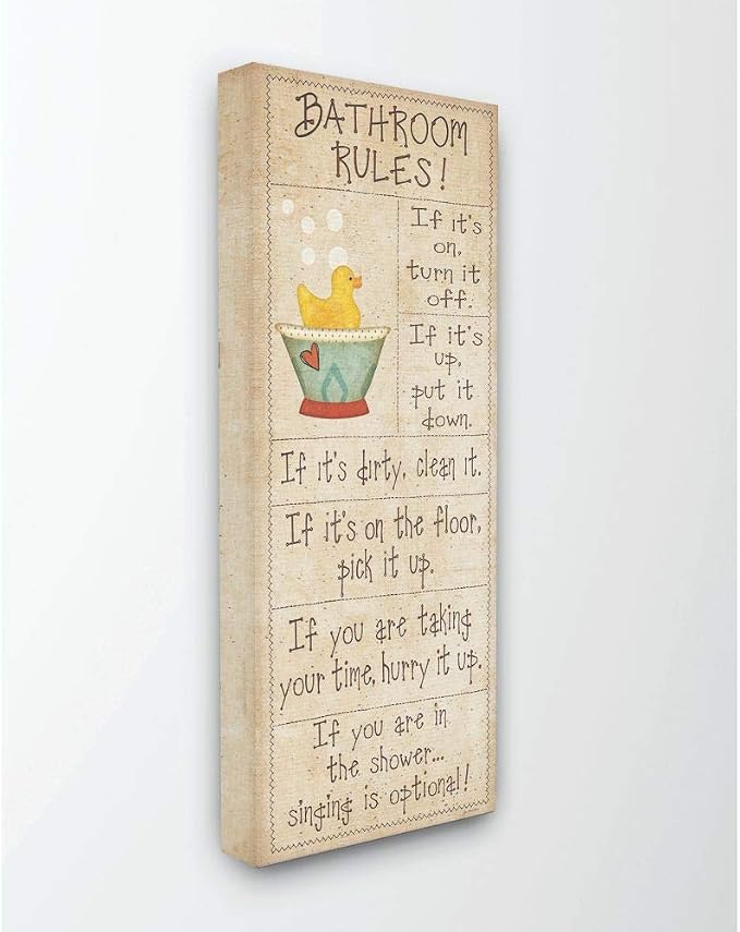 Stupell Industries 'Bathroom Rules Rubber Ducky Tall Bathroom'| Canvas Art | Stupell Industries | 13 x 30 Inches, Easy to Hang and Sturdy, Made in USA, by Jennifer Pugh