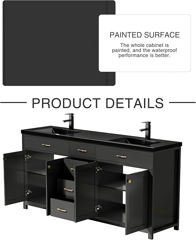 LUCKWIND 72" Bathroom Vanity and Sink Combo, Painted Modern Bathroom Storage Cabinet with Double Large Black Sink, Four Doors and Three Drawers, Include Faucet, Without Mirror, Black