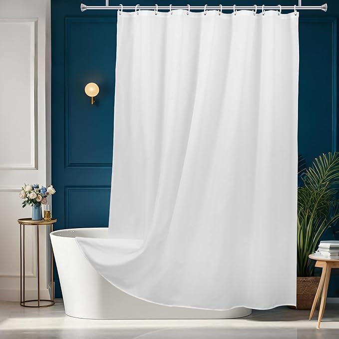 AooHome White Stall Size Bathroom Curtain for Hotel, Fabric Shower Liner with Hooks for Hotel, Waterproof, 48 Width x 72 Height Inch