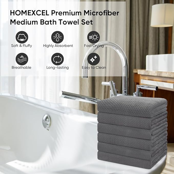 HOMEXCEL 6PK Bath Towel Set, 24x48 in, Absorbent&Quick Dry Towels for Hotel | Ultra Soft, Lightweight Towels for Bathroom, Spa and Beauty Parlor, Grey