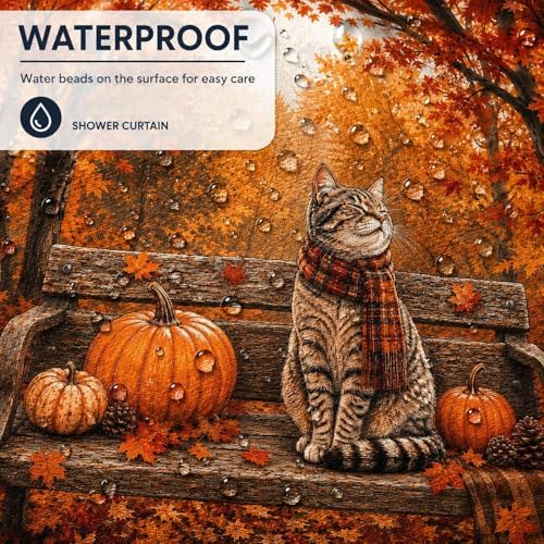 Fall Cat Shower Curtain, Autumn Forest Pumpkin Thanksgiving Bathroom Curtains, Rustic Farmhouse Maple Leaves Cozy Waterproof Polyester Fabric Shower Curtain with Hooks 72x72 Inch