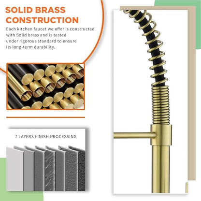 OWOFAN Kitchen Faucet, Kitchen Faucets with Pull Down Sprayer Sus304 Stainless Steel Industrial Single Handle One Hole Faucet for Farmhouse Camper Laundry Utility Rv Wet Bar Sinks Bushed Gold 9009J