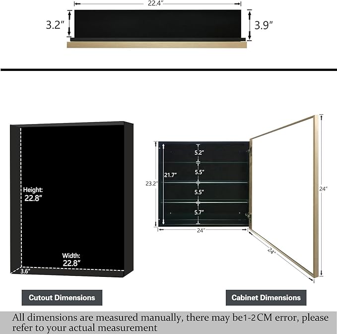 Medicine Cabinet with Mirror Recessed or Surface Mount Farmhouse Style Single Door Mirror Cabinet Square Bathroom Storage, Brushed Gold, 24x24 Inch