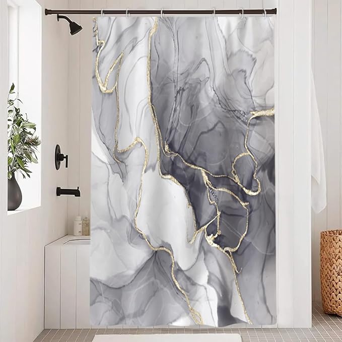 Grey Shower Curtain, Ombre Light Grey Marble Shower Curtain Set Modern Aesthetic Gray Ink Texture Waterproof Bathroom Curtain with Hooks, 54x72 Inch