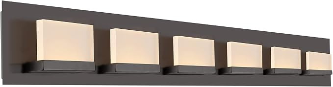 Kira Home Everett 48" Modern Integrated LED 6-Light Bathroom Vanity Light | 60W 3000K Warm White Light, Minimalist Bathroom Wall Sconce with Frosted Acrylic Blocks, Oil Rubbed Bronze Finish
