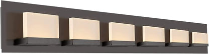 Kira Home Everett 48" Modern Integrated LED 6-Light Bathroom Vanity Light | 60W 3000K Warm White Light, Minimalist Bathroom Wall Sconce with Frosted Acrylic Blocks, Oil Rubbed Bronze Finish