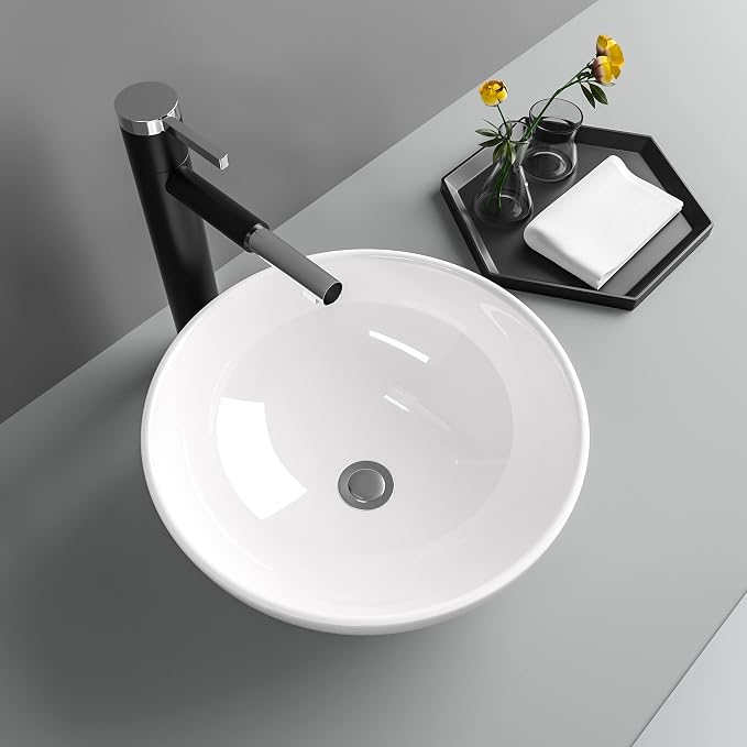 16"x16" Bowl sinks for bathrooms Above Counter Vessel Sink Round Bathroom Sink Above Countertop Ceramic Porcelain Small Lavatory Vanity Vessel Sink Bowl Basin