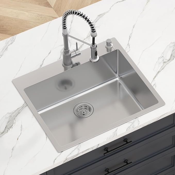 VEVOR Kitchen Sink, 304 Stainless Steel Recessed Sink, Top Mount Single Bowl with Accessories (2 Pack), Home Dishwasher Sink for Workstation, RV, Prep Kitchen and Bar Sink, 25"