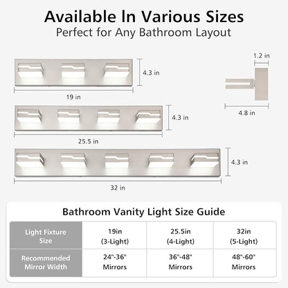 LED Modern Bathroom Vanity Light Fixtures 4-Light, 25.5 inch Dimmable Nickel Vanity Lights for Bathroom Lighting Fixtures Over Mirror, with 350°Rotatable Acrylic Heads(White Light 5500K)
