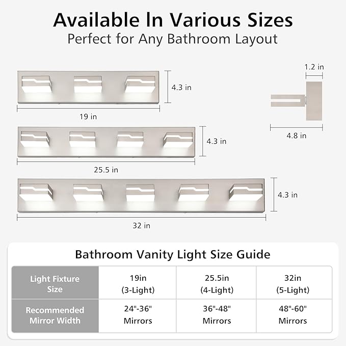 LED Modern Bathroom Vanity Light Fixtures 4-Light, 25.5 inch Dimmable Nickel Vanity Lights for Bathroom Lighting Fixtures Over Mirror, with 350°Rotatable Acrylic Heads(White Light 5500K)