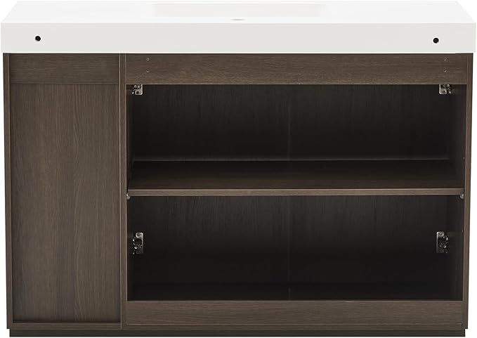 48" Bathroom Vanity with Sink, Freestanding Single Sink Bathroom Vanity with White Engineered Stone Top & Open Side Storage, Soft-Closing Doors with Adjustable Shelf, Smoked Oak Brown