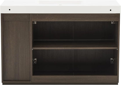 48" Bathroom Vanity with Sink, Freestanding Single Sink Bathroom Vanity with White Engineered Stone Top & Open Side Storage, Soft-Closing Doors with Adjustable Shelf, Smoked Oak Brown