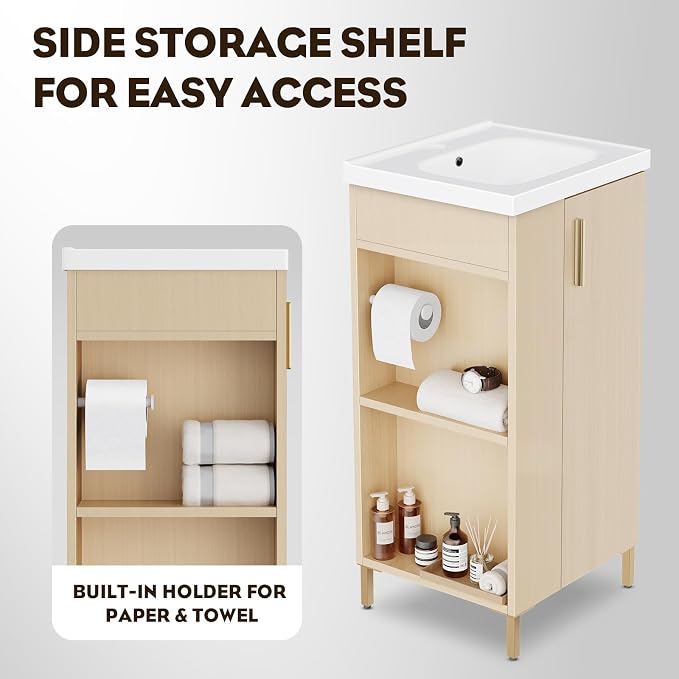 Pre-Assembled 16 Inch Small Bathroom Vanity, Freestanding Oak Bathroom Cabinet with Ceramic Sink, Soft-Close Door, Left Side Storage, No Faucet, BV05-16-OAK-PLUS