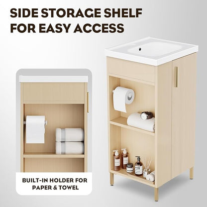 Pre-Assembled 16 Inch Small Bathroom Vanity, Freestanding Oak Bathroom Cabinet with Ceramic Sink, Soft-Close Door, Left Side Storage, No Faucet, BV05-16-OAK-PLUS