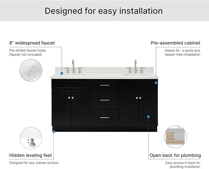 ARIEL Hamlet 66-inch Bathroom Vanity with Sink,Solid Wood, 1.5-inch Pure White Quartz Countertop & Backsplash, Double Rectangular Porcelain Sink, 4 Soft Closing Doors, 3 Dovetail Drawers, Black