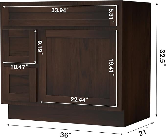 HomeBeyond 36 Inch Bathroom Vanity Base Only, Single Vanity Cabinet with 2 Side Dove-Tailed Drawers, Composable Floor Mount Cabinets Without Top, Rustic Brown