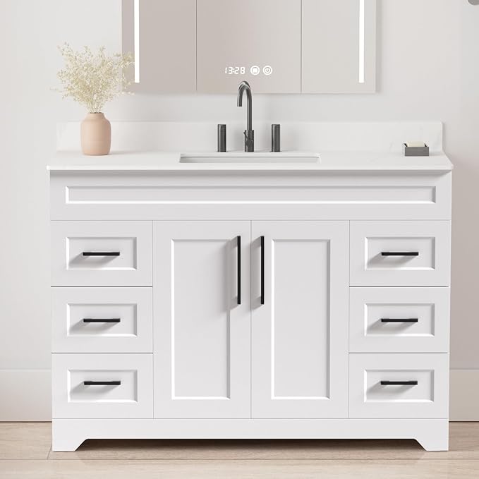 48 Inch Bathroom Vanity with Quartz Countertop -Rectangle Sink & Plywood Cabinet & Soft-Close Drawers and Doors