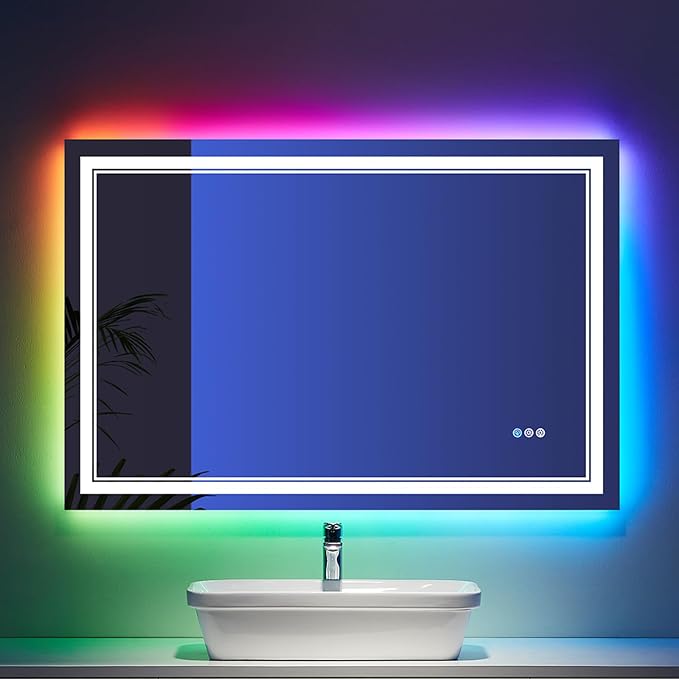 48x32 Inch RGB LED Bathroom Mirror with Lights | Front and RGB Backlit, Dimmable, Memory, Anti Fog, Shatterproof, Horizontal/Vertical, Lighted Mirrors for Bathroom Wall