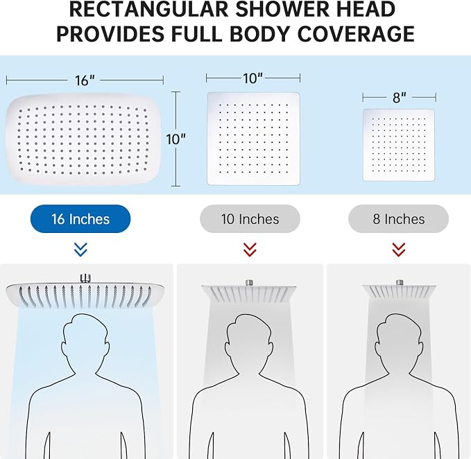 G-Promise All Metal 16 Inches Rainfall Shower Head with Handheld Combo | All Metal, Built to Last, Easy Install, Adjustable Height & Angle for All Heights, Extra Long Hose, Modern Upgrade